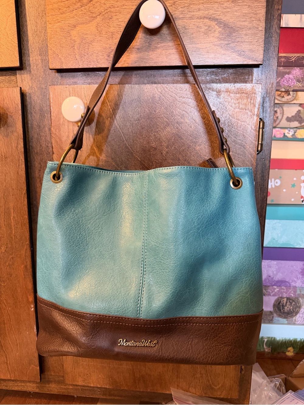 Montana West Teal and Brown Shoulder Bag with Grommet Detail